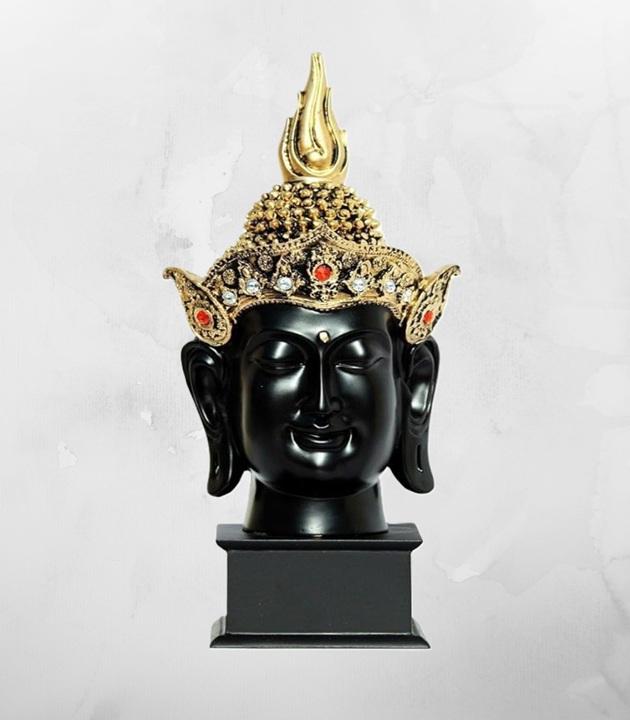 Antique Black Golden Buddha Face Antique Black Golden Buddha Face with Crown and Wooden Base Showpiece - Image 1