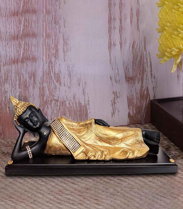 Antique Black Golden Sleeping Buddha on Wooden Antique Black Golden Sleeping Buddha on Wooden Base Showpiece - Image 1